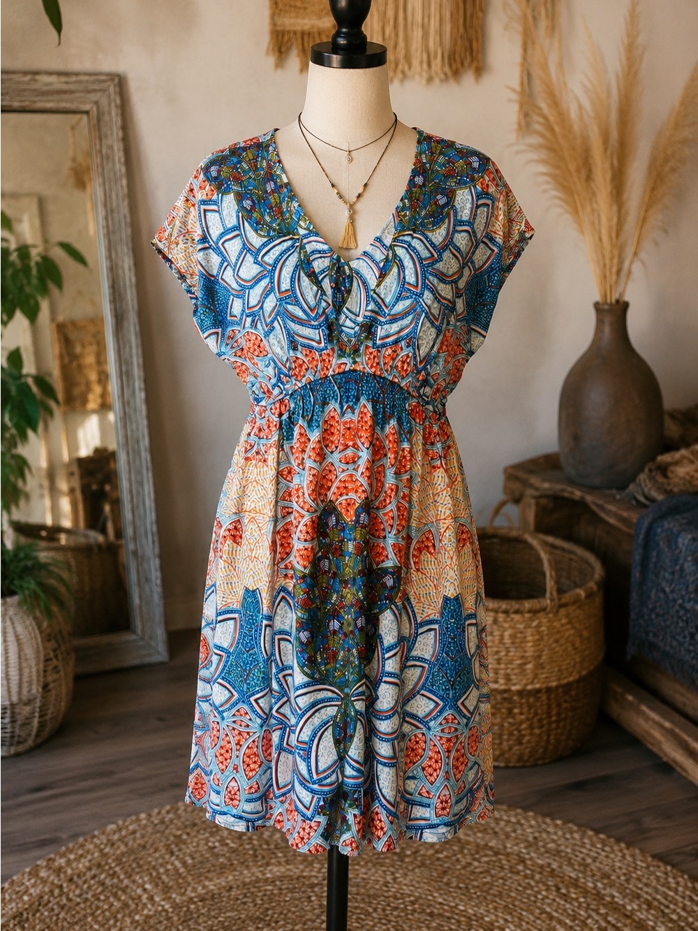 ANGIE Boho Mandala Print Empire Waist Tunic Dress | Festival | Beach | Size S